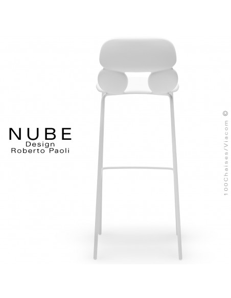 Tabouret de bar design NUBE, piétement acier peint blanc avec repose pieds, assise coque plastique souple couleur blanche.