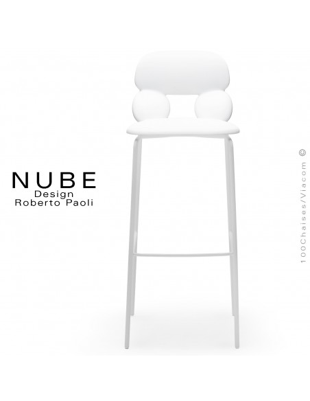 Tabouret de bar design NUBE, piétement acier peint blanc avec repose pieds, assise coque plastique souple couleur blanche.