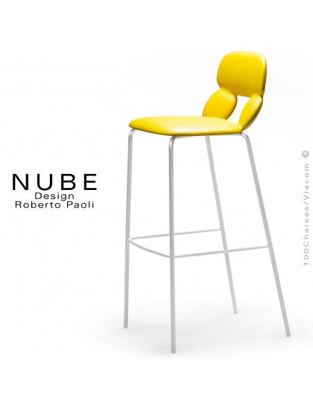 Tabouret de bar design NUBE, piétement acier peint blanc avec repose pieds, assise coque plastique souple couleur jaune.