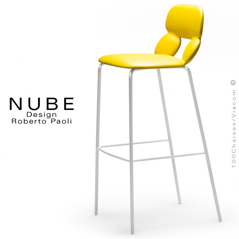 Tabouret de bar design NUBE, piétement acier peint blanc avec repose pieds, assise coque plastique souple couleur jaune.