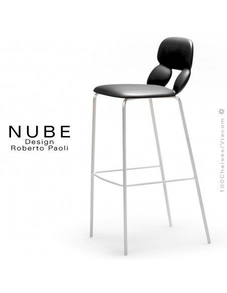 Tabouret de bar design NUBE, piétement acier peint blanc avec repose pieds, assise coque plastique souple couleur noire.