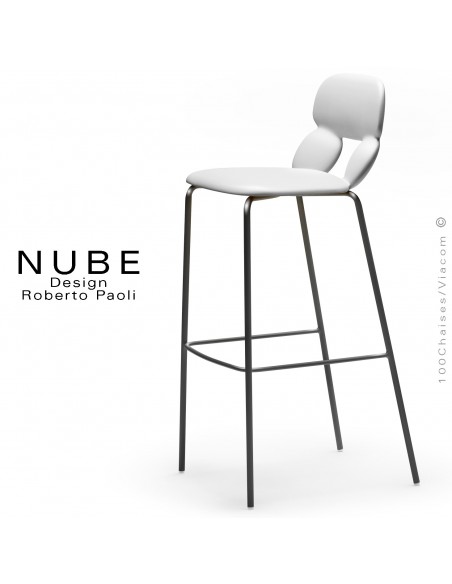 Tabouret de bar design NUBE, piétement acier peint noir avec repose pieds, assise coque plastique souple couleur blanche.