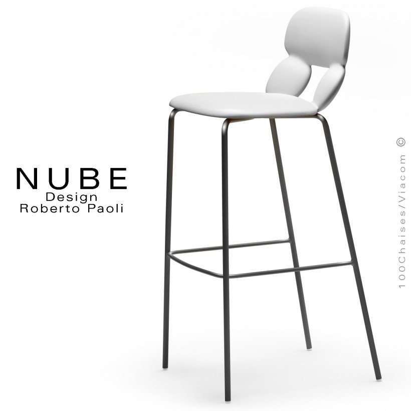 Tabouret de bar design NUBE, piétement acier peint noir avec repose pieds, assise coque plastique souple couleur blanche.