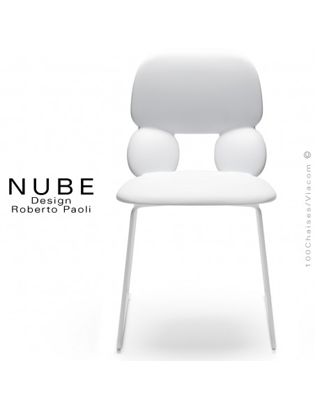 Chaise pour collectivité ou domestique NUBE, piétement luge acier peint blanc, assise coque plastique souple couleur blanc.