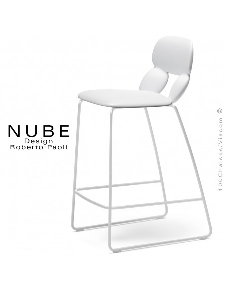 Tabouret de cuisine design NUBE, piétement luge acier peint blanc avec repose pieds, assise coque plastique blanc.