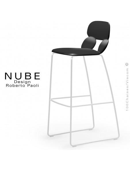 Tabouret de bar ou domestique design NUBE, piétement luge peint blanc, assise coque plastique souple noir.