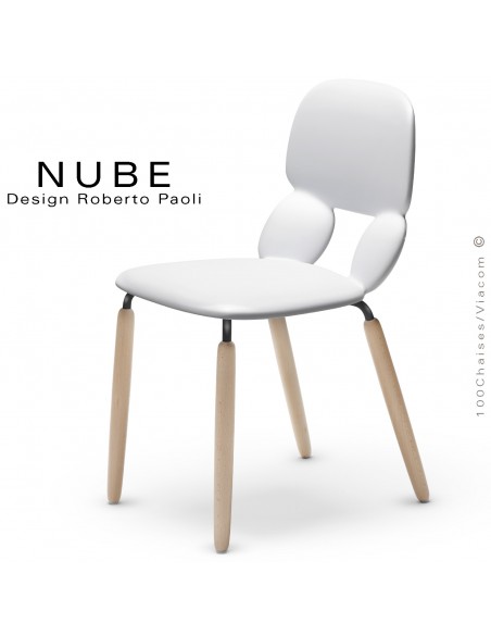 Chaise pour collectivité ou domestique NUBE, piétement noir et bois vernis naturel, assise plastique souple couleur blanche.