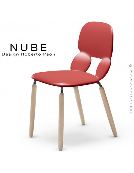 Chaise pour collectivité ou domestique NUBE, piétement noir et bois vernis naturel, assise plastique souple couleur rouge.