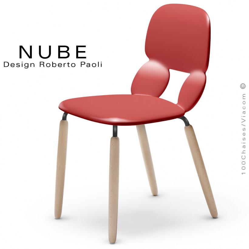 Chaise pour collectivité ou domestique NUBE, piétement noir et bois vernis naturel, assise plastique souple couleur rouge.