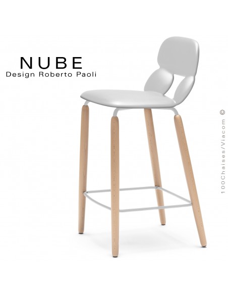 Tabouret de cuisine design NUBE, piétement bois vernis naturel et structure blanche avec repose pieds, assise plastique blanc