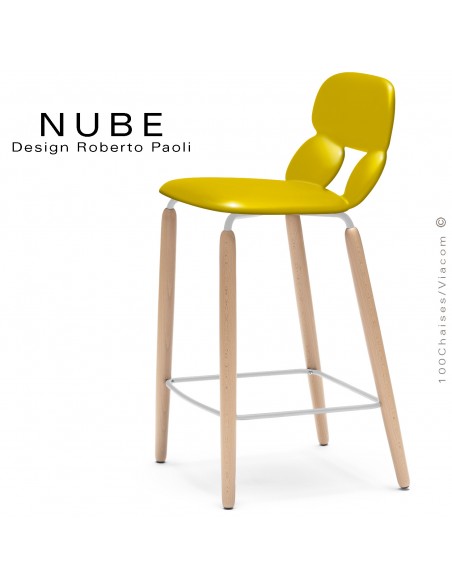 Tabouret de cuisine design NUBE, piétement bois vernis naturel et structure blanche avec repose pieds, assise plastique jaune