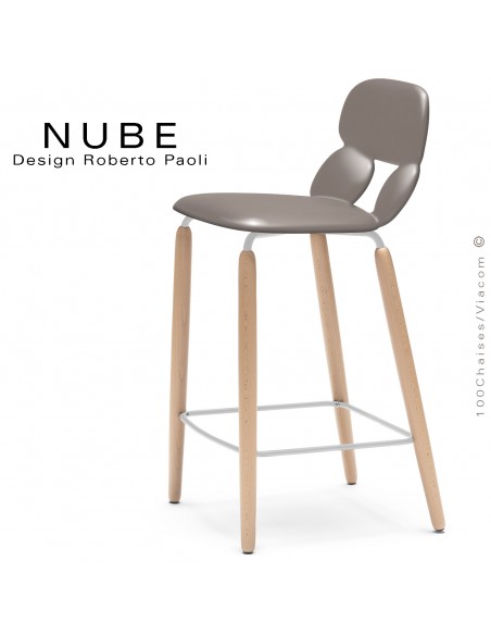 Tabouret de cuisine design NUBE, piétement bois vernis naturel et structure blanche avec repose pieds, assise plastique sable