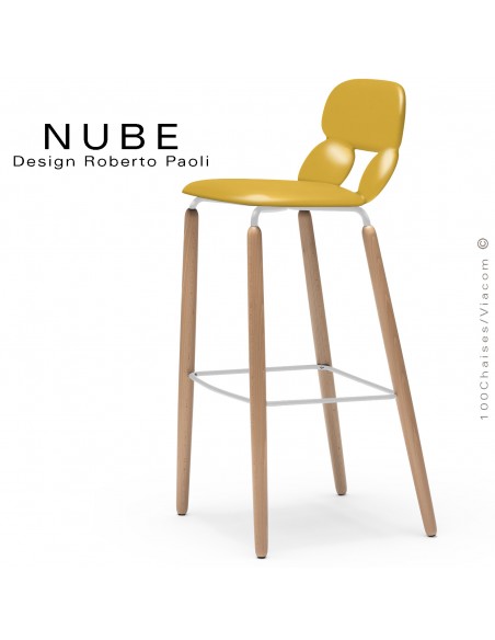 Tabouret de bar ou domestique NUBE, piétement bois, structure blanche avec repose pieds, assise coque plastique jaune.