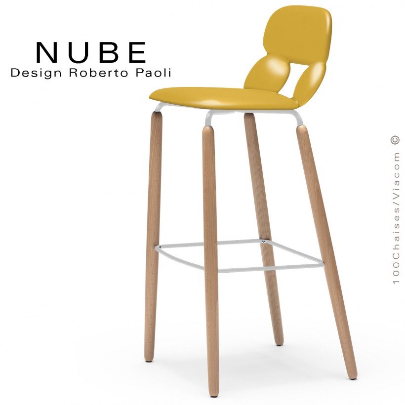 Tabouret de bar ou domestique NUBE, piétement bois, structure blanche avec repose pieds, assise coque plastique jaune.