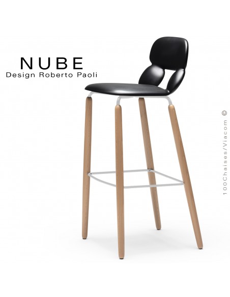 Tabouret de bar ou domestique NUBE, piétement bois, structure blanche avec repose pieds, assise coque plastique noir.