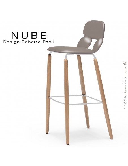 Tabouret de bar ou domestique NUBE, piétement bois, structure blanche avec repose pieds, assise coque plastique sable.