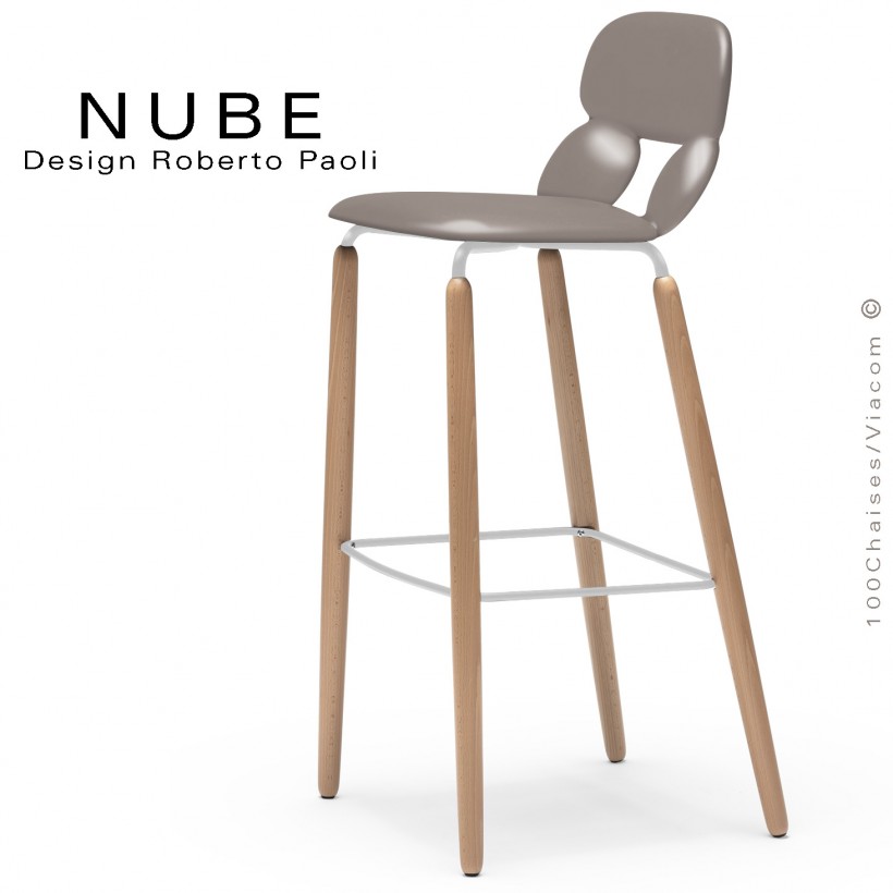 Tabouret de bar ou domestique NUBE, piétement bois, structure blanche avec repose pieds, assise coque plastique sable.