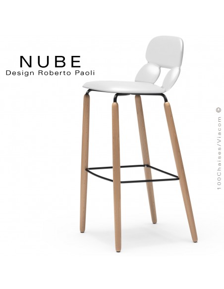 Tabouret de bar ou domestique NUBE, piétement bois, structure noir avec repose pieds, assise coque plastique blanc.