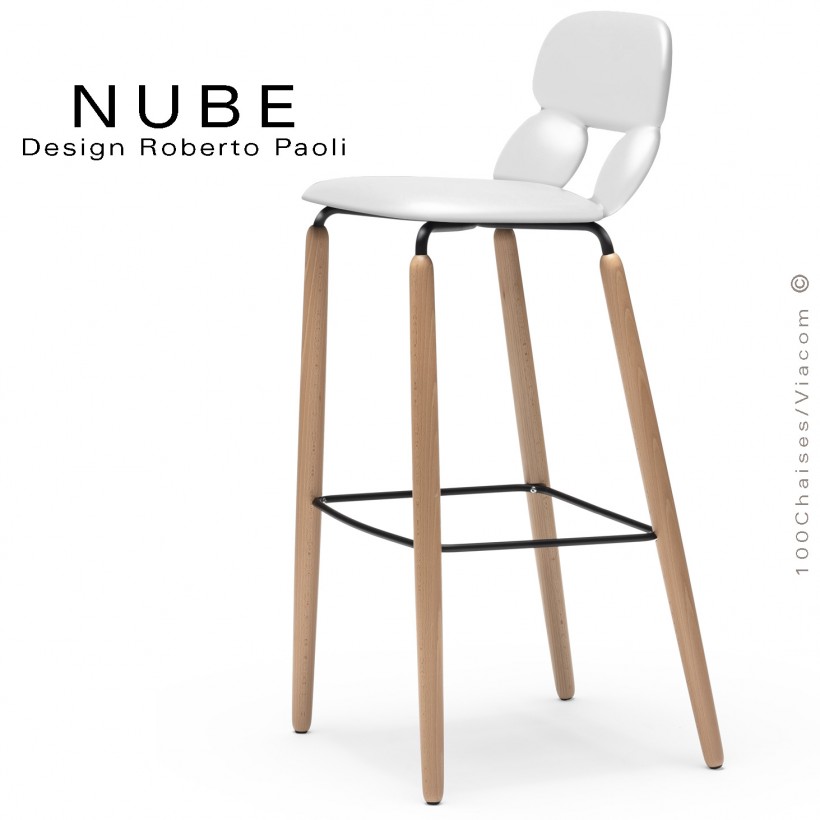 Tabouret de bar ou domestique NUBE, piétement bois, structure noir avec repose pieds, assise coque plastique blanc.