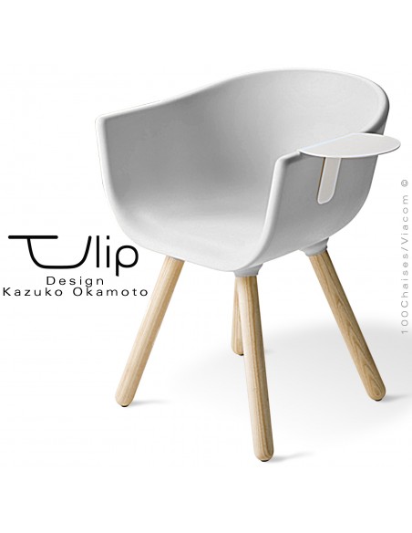 Fauteuil chic et tendance design TULIPE-SMALL coque plastique souple effet "Peached" blanche, piétement bois massif de Frêne