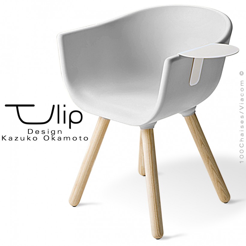 Fauteuil chic et tendance design TULIPE-SMALL coque plastique souple effet "Peached" blanche, piétement bois massif de Frêne