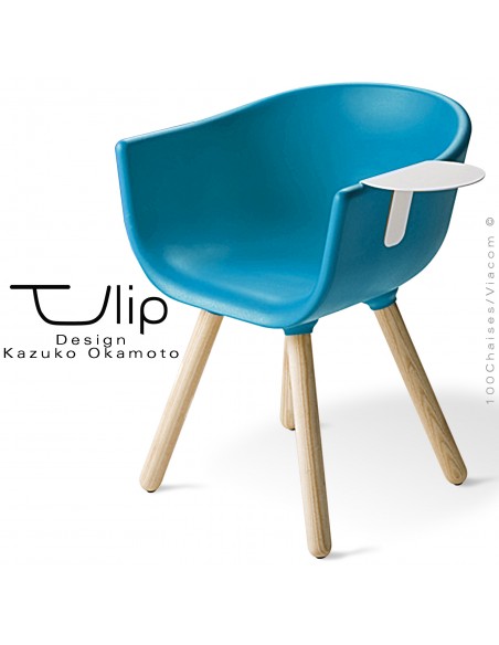 Fauteuil chic et tendance design TULIPE-SMALL coque plastique souple effet "Peached" bleu, piétement bois massif de Frêne.