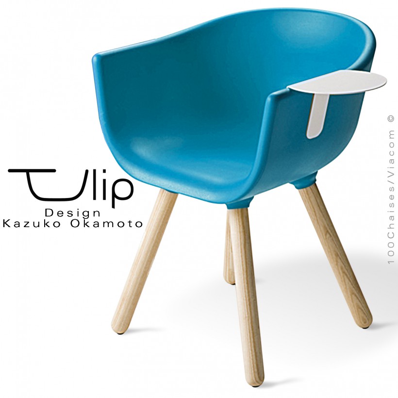 Fauteuil chic et tendance design TULIPE-SMALL coque plastique souple effet "Peached" bleu, piétement bois massif de Frêne.