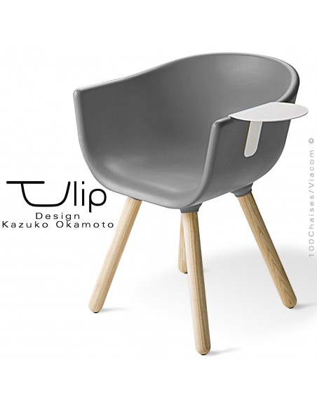 Fauteuil chic et tendance design TULIPE-SMALL coque plastique souple effet "Peached" gris, piétement bois massif de Frêne.