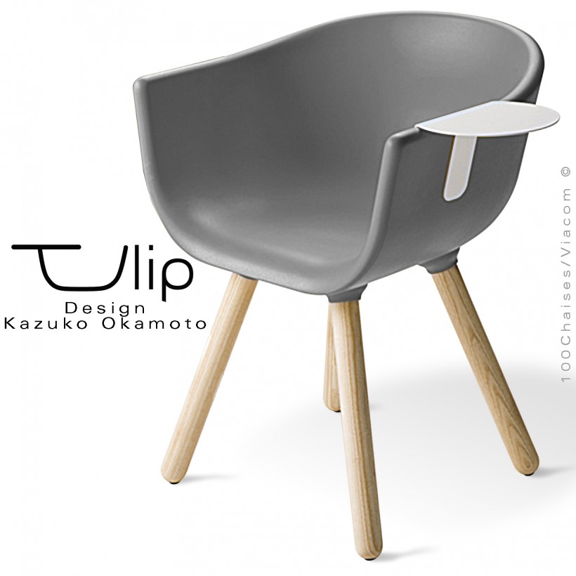 Fauteuil chic et tendance design TULIPE-SMALL coque plastique souple effet "Peached" gris, piétement bois massif de Frêne.