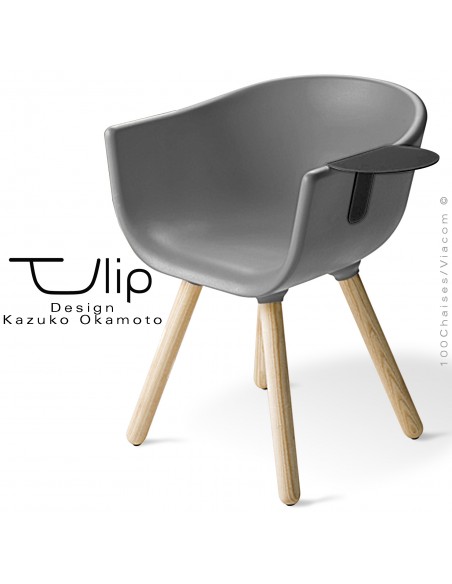 Fauteuil chic et tendance design TULIPE-SMALL coque plastique souple effet "Peached" gris, piétement bois massif de Frêne.