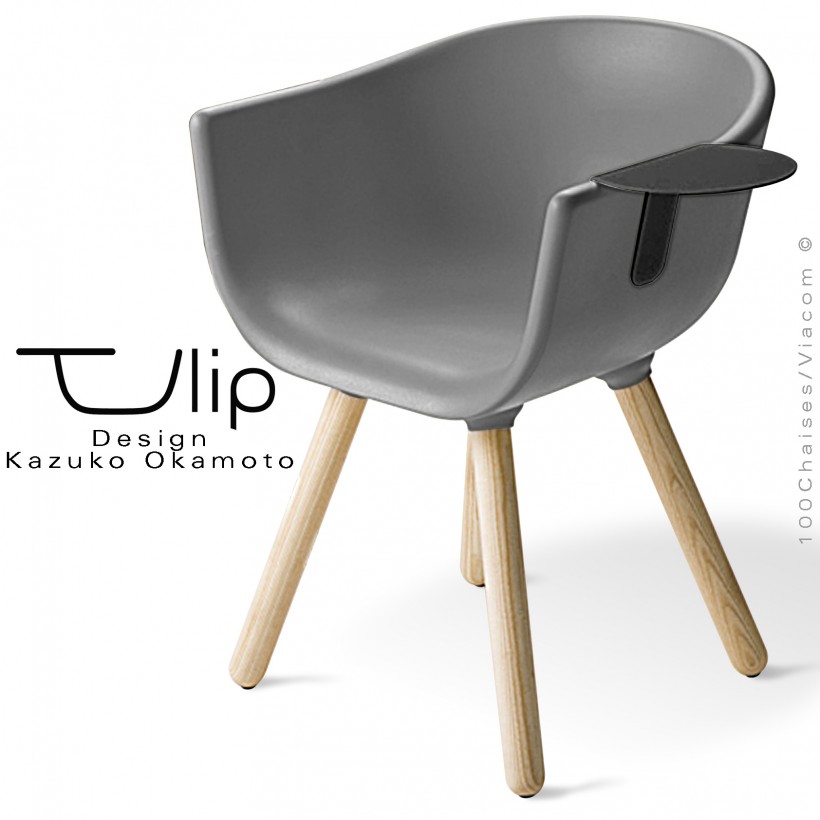 Fauteuil chic et tendance design TULIPE-SMALL coque plastique souple effet "Peached" gris, piétement bois massif de Frêne.