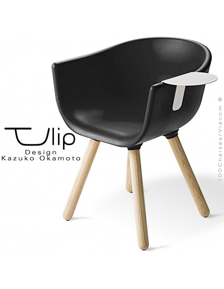 Fauteuil chic et tendance design TULIPE-SMALL coque plastique souple effet "Peached" noir, piétement bois massif de Frêne.