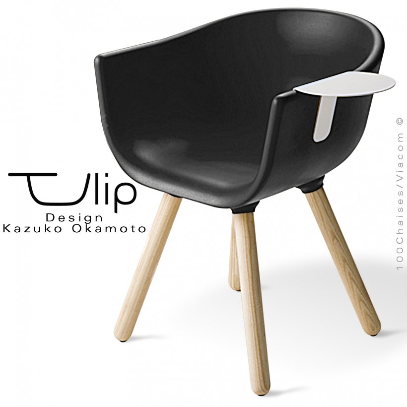 Fauteuil chic et tendance design TULIPE-SMALL coque plastique souple effet "Peached" noir, piétement bois massif de Frêne.