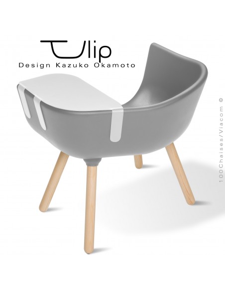 Fauteuil chic et tendance design TULIPE-LARGE coque plastique souple effet "Peached" gris, piétement bois de Frêne vernis.