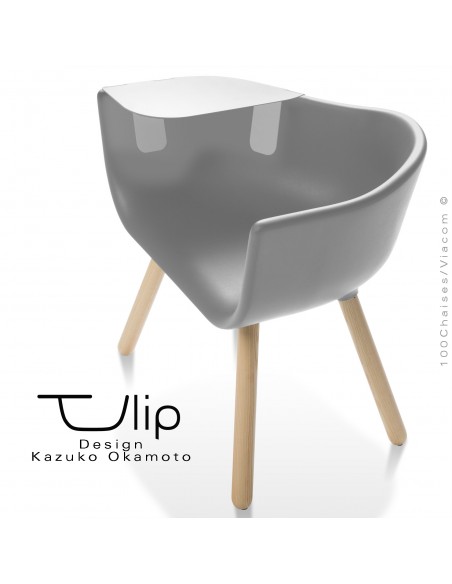 Fauteuil chic et tendance design TULIPE-LARGE coque plastique souple effet "Peached" gris, piétement bois de Frêne vernis.