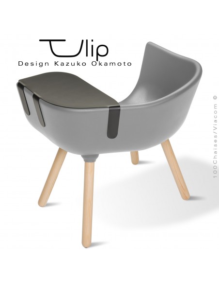 Fauteuil chic et tendance design TULIPE-LARGE coque plastique souple effet "Peached" gris, piétement bois de Frêne vernis.