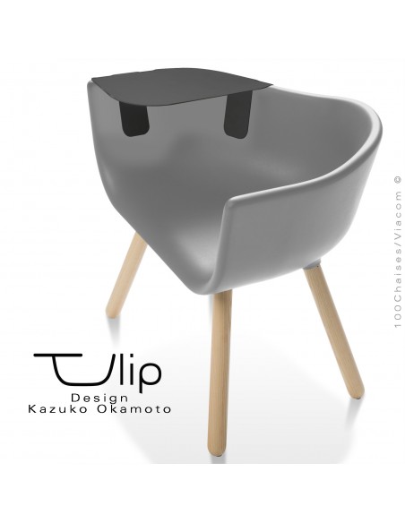 Fauteuil chic et tendance design TULIPE-LARGE coque plastique souple effet "Peached" gris, piétement bois de Frêne vernis.