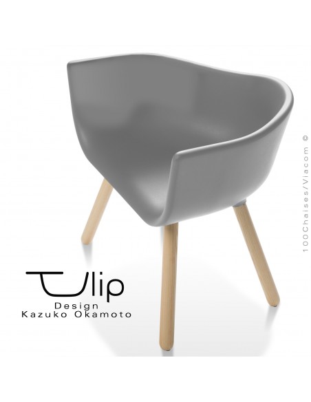 Fauteuil chic et tendance design TULIPE-LARGE coque plastique souple effet "Peached" gris, piétement bois de Frêne vernis.