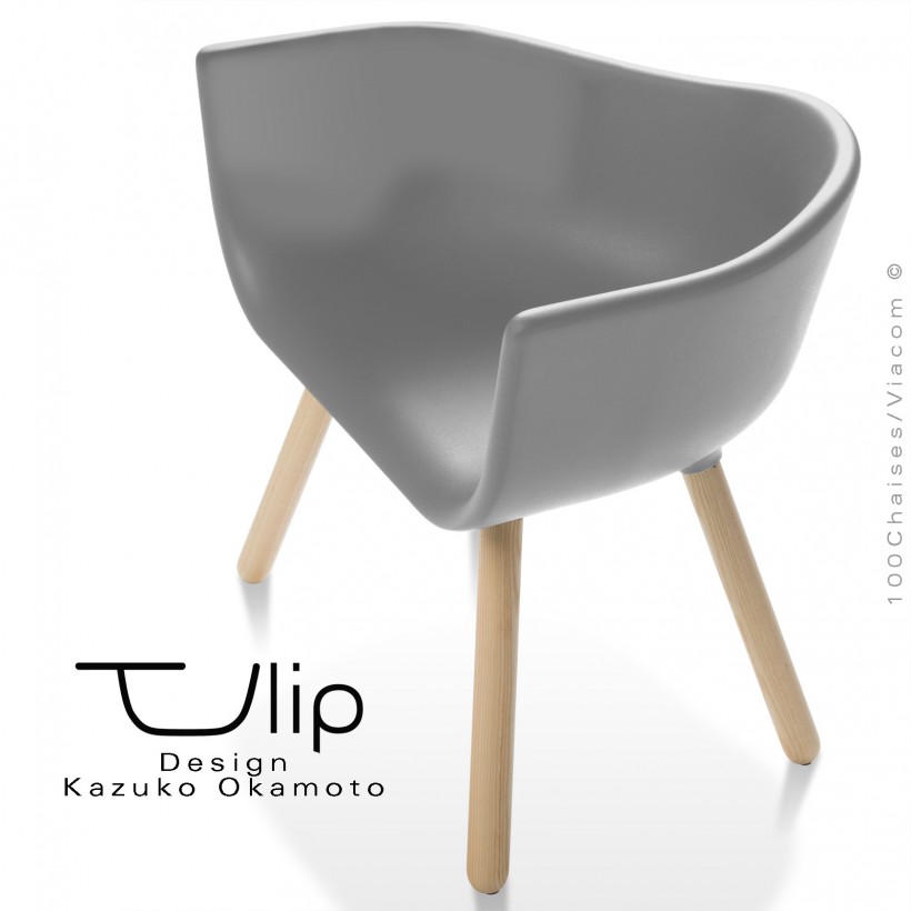 Fauteuil chic et tendance design TULIPE-LARGE coque plastique souple effet "Peached" gris, piétement bois de Frêne vernis.