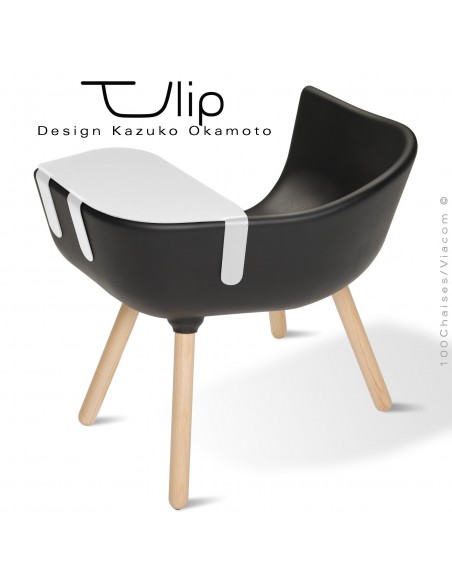 Fauteuil chic et tendance design TULIPE-LARGE coque plastique souple effet "Peached" noir, piétement bois de Frêne vernis.