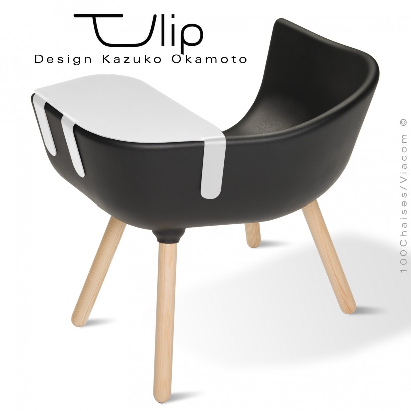 Fauteuil chic et tendance design TULIPE-LARGE coque plastique souple effet "Peached" noir, piétement bois de Frêne vernis.