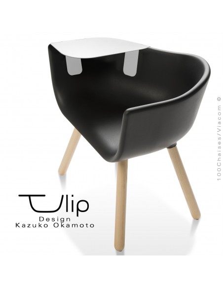 Fauteuil chic et tendance design TULIPE-LARGE coque plastique souple effet "Peached" noir, piétement bois de Frêne vernis.