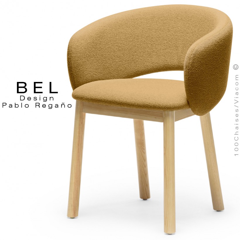 Chaise bois confort design BEL, piétement bois vernis naturel, habillage tissu bouclé bicolore jaune.