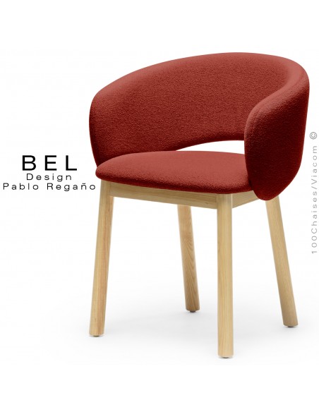 Chaise bois confort design BEL, piétement bois vernis naturel, habillage tissu bouclé bicolore rouge.