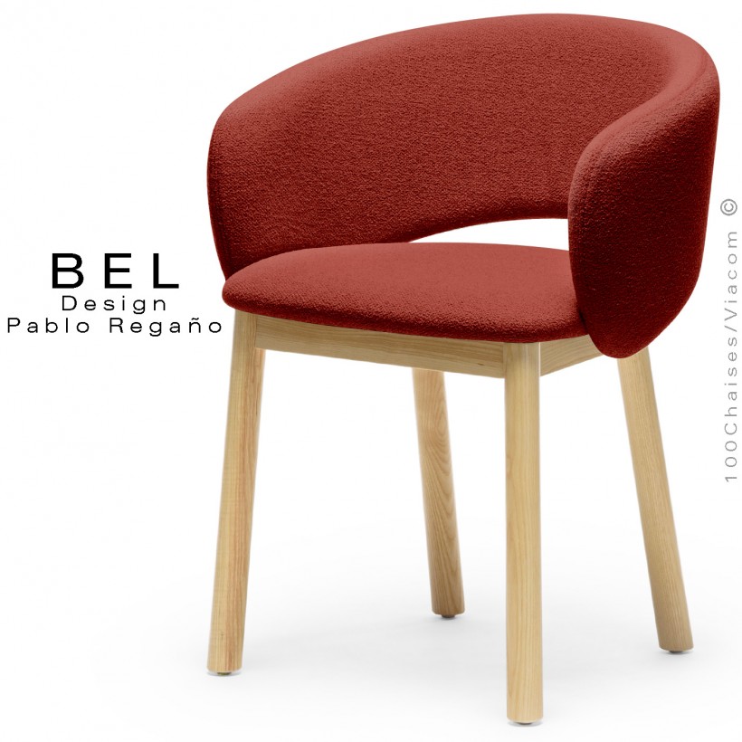 Chaise bois confort design BEL, piétement bois vernis naturel, habillage tissu bouclé bicolore rouge.