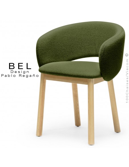 Chaise bois confort design BEL, piétement bois vernis naturel, habillage tissu bouclé bicolore vert sapin.