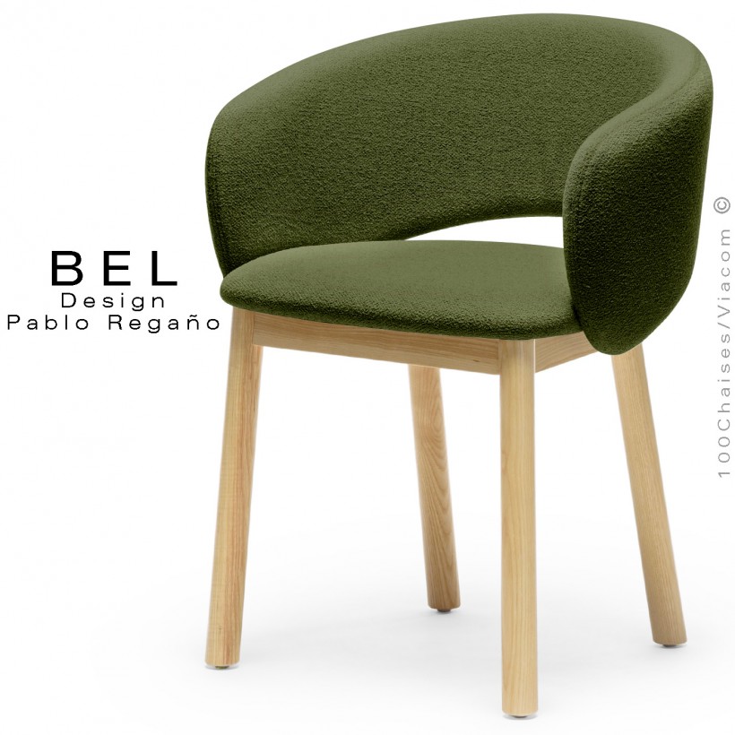 Chaise bois confort design BEL, piétement bois vernis naturel, habillage tissu bouclé bicolore vert sapin.