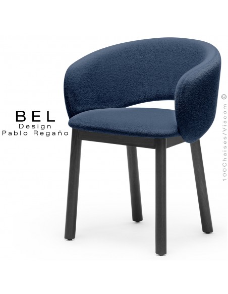 Chaise bois confort design BEL, piétement bois teinté noir, habillage tissu bouclé bicolore bleu marine.