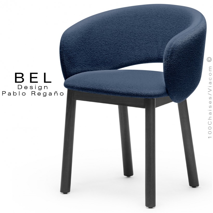 Chaise bois confort design BEL, piétement bois teinté noir, habillage tissu bouclé bicolore bleu marine.