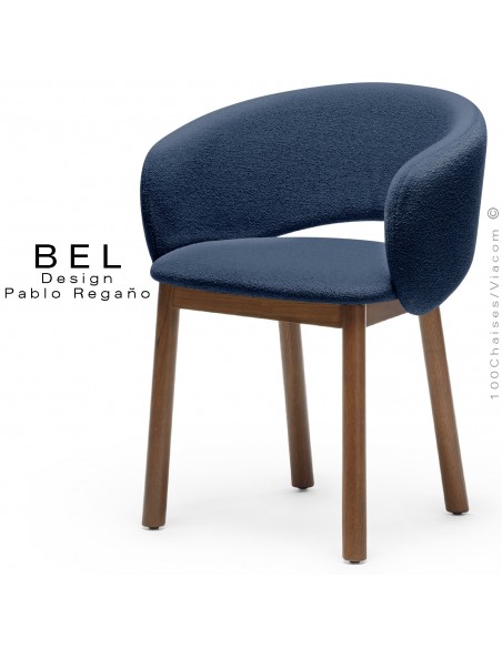 Chaise bois confort design BEL, piétement bois vernis noyer, habillage tissu bouclé bicolore bleu marine.